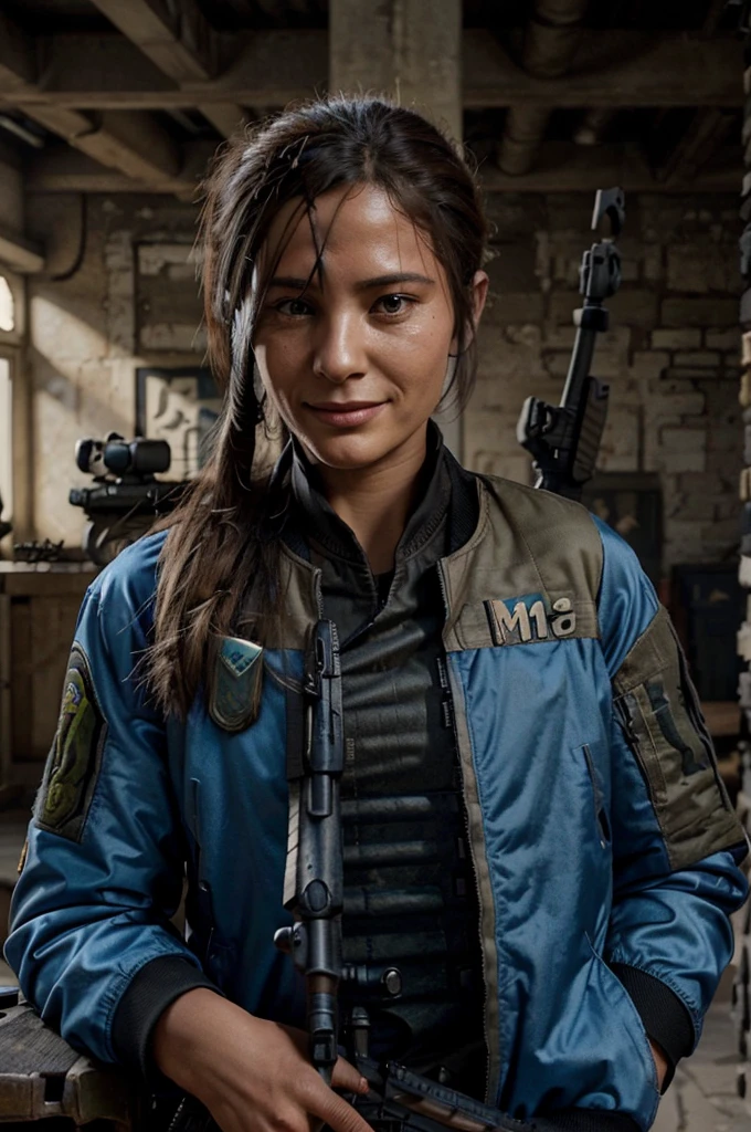 French resistant sniper elite 5 (with M1A assault rifle:1.5), smiling, blue satin bomber jacket outfit
