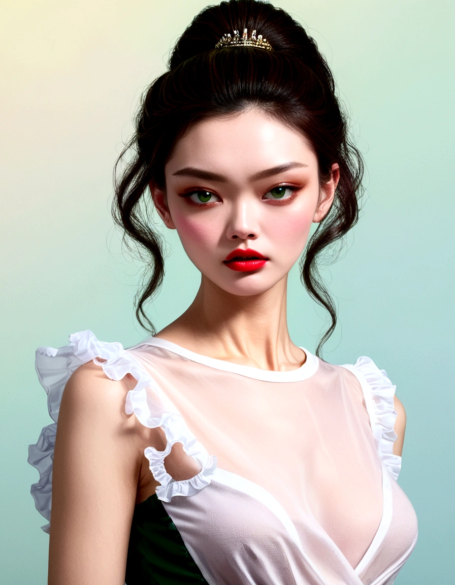 (Close-up of the upper body of a woman wearing a green sleeveless frilly blouse), Surrealistic, realistic and exquisite digital illustration, (Beautiful face_delicate features, clear and pale skin), long brown wavy hair, inspired work,