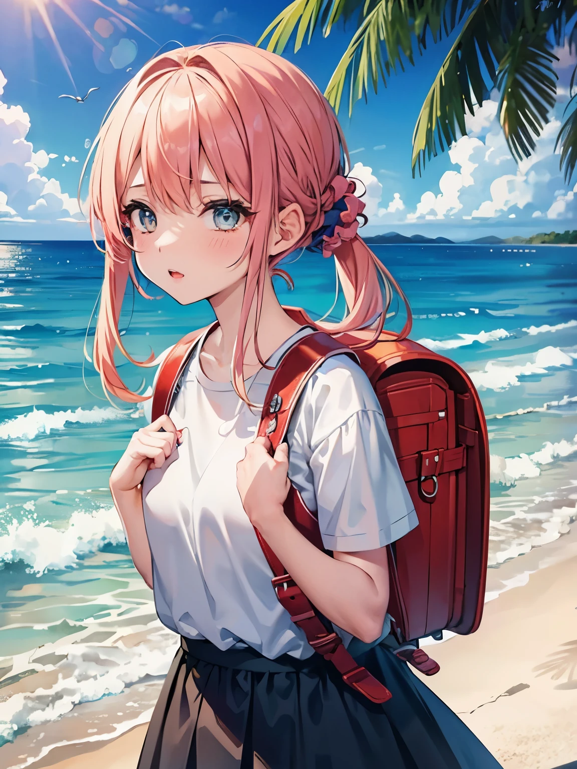 Masterpiece, hd, 1girls , (couple focus:1.2), classmates, Adorable, , 14years, Upper body, japanaese girl, cheek-to-cheek, Ruffled Summer Dresses, Twin-tailed, Beach, (Smile:0.7), hair scrunchie, Low contrast, Best Quality, 超A high resolution, photographrealistic, ultra-detailliert, 8K, Raw photo,downbrouse, wearing randoseru backpack, (backpack:1.2)