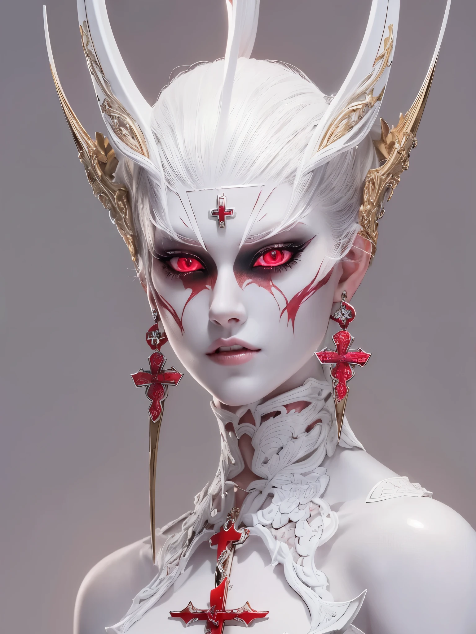 ((Highest quality)),(Ultra-high resolution),(Ultra-detailed new),(Detailed Description),((The best CG)),(masterpiece),Highly detailed art,A wonderful new art form,(Art with precise details:1.5), (Female Devil:1.4),Beautiful and well-proportioned face:1.6,(Large, sharp corners:1.3),(dress;1.7),disaster々Thorns:1.8,(Sharp crimson eyes:1.6),(White porcelain skin:1.6),(Earrings:1.3),