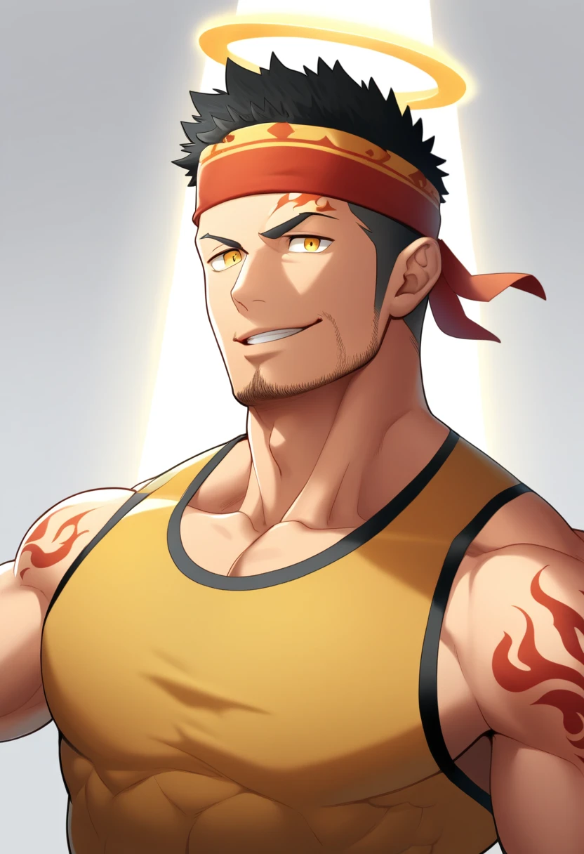anime characters:Gyee, priapus, ung muscular man, male focus, Flame tattoo, sports Red headband, Dark Yellow spandex tight tank top, Very tight, muscular male, muscular, Round, firm and full chest muscles, only, Upper body, alone, Black short hair, Thick eyebrows, stubble, Yellow eyes, White background, simple background, amazing quality, best aesthetics, Ridiculous, bright pupils, crew cut, naughty face, torogao, parted lips, halo, god rays, best quality