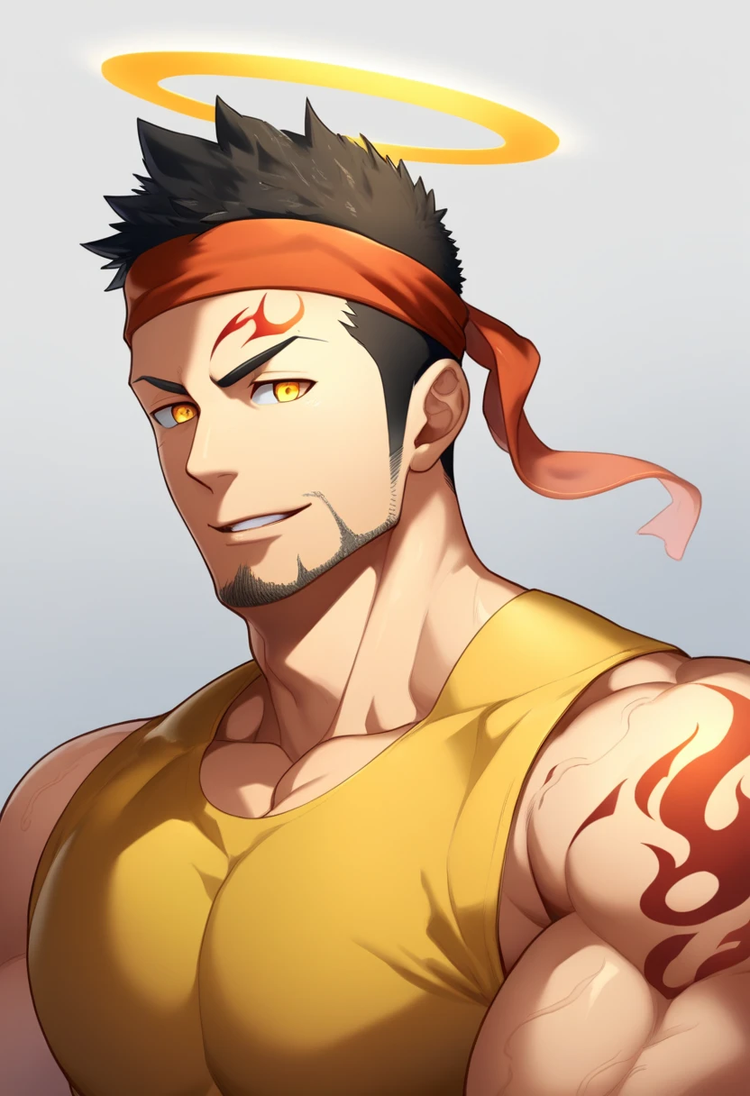 anime characters:Gyee, priapus, ung muscular man, male focus, Flame tattoo, sports Red headband, Dark Yellow spandex tight tank top, Very tight, muscular male, muscular, Round, firm and full chest muscles, only, Upper body, alone, Black short hair, Thick eyebrows, stubble, Yellow eyes, White background, simple background, amazing quality, best aesthetics, Ridiculous, bright pupils, crew cut, naughty face, torogao, parted lips, halo, god rays, best quality