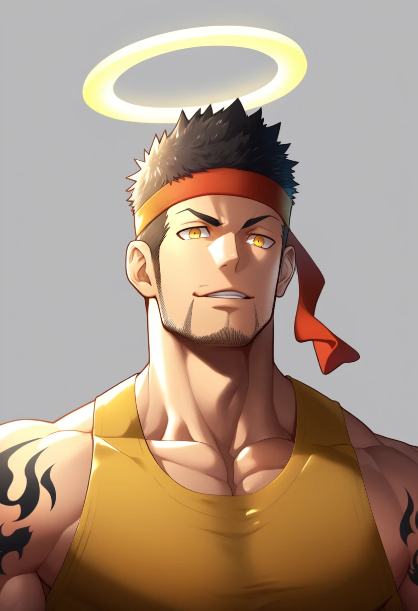 anime characters:Gyee, priapus, ung muscular man, male focus, Flame tattoo, sports Red headband, Dark Yellow spandex tight tank top, Very tight, muscular male, muscular, Round, firm and full chest muscles, only, Upper body, alone, Black short hair, Thick eyebrows, stubble, Yellow eyes, White background, simple background, amazing quality, best aesthetics, Ridiculous, bright pupils, crew cut, naughty face, torogao, parted lips, halo, god rays, best quality