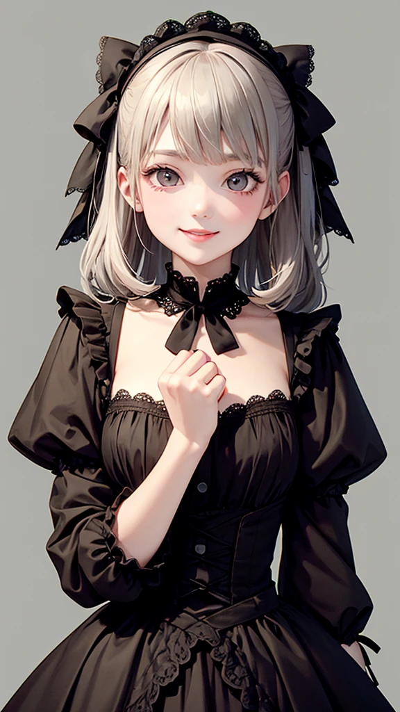 strawberry,Gothic Lolita,victorian era,Gothic ,one girl,Smile,Light Gray Background