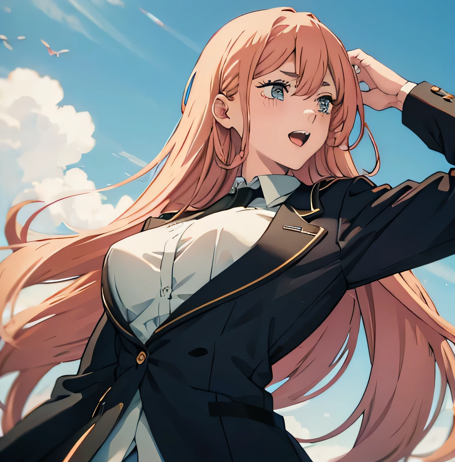 1womanl, long hair, pink hair, blue colored eyes (detailed),white blouse with a black tie, open mouth smile (dentes pontudos),(big boobies),black backdrop