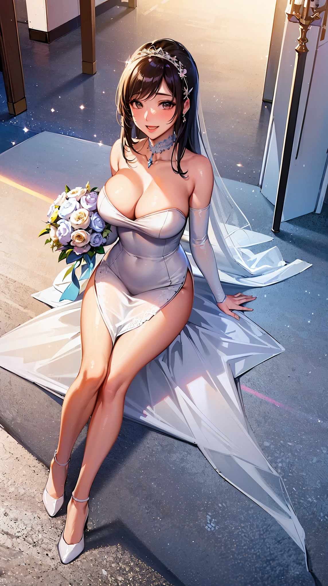 The best quality, the best image quality, high-definition drawing. 8K UHD. A beautiful Japanese girl, a gravure idol. An elegant wedding dress with sparkling diamonds scattered like sequins. Smiling, holding a bouquet. Inside the chapel. Indoor light.