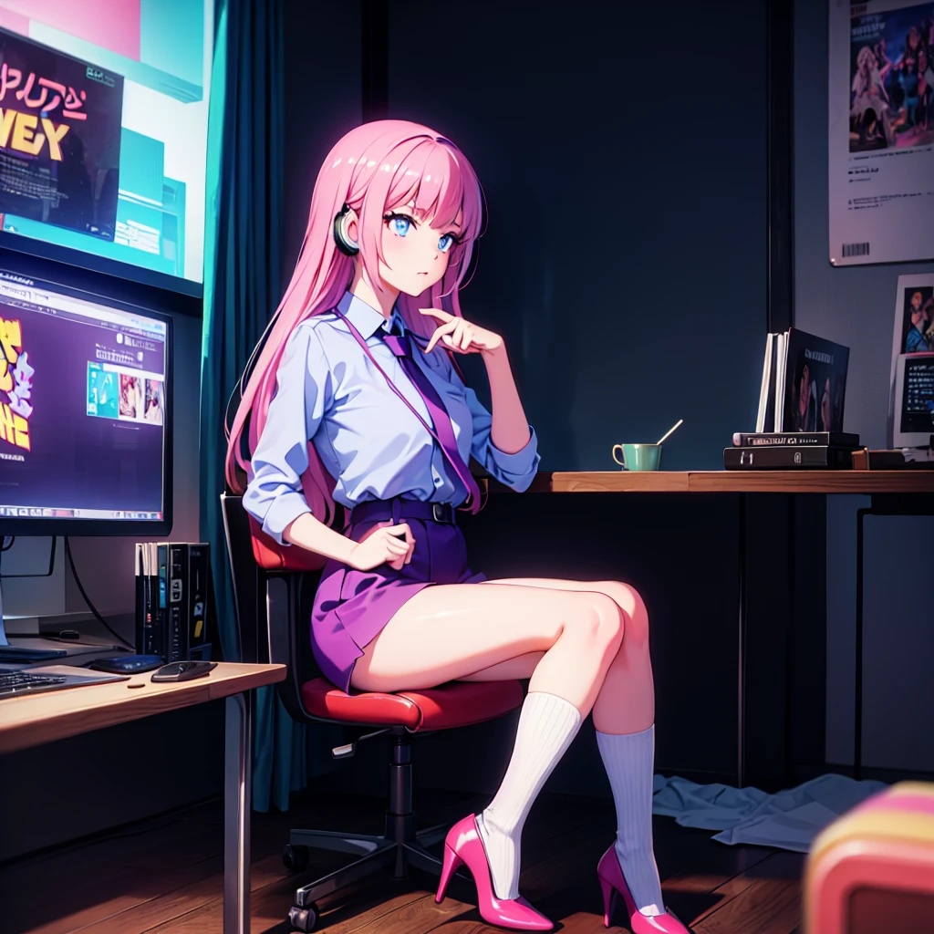 (masterpiece), Highest quality, Expressive eyes, Neon pastel aesthetics, Retro 90s, Neon color,((Girl sitting on sofa,In a cozy room,Records hanging on her wall, Comic books on the floor, Looking out the window behind her at the night city, Upholstered room, Anime figures lined up on a shelf)), Wearing headphones, (All around her it sparkles), (Wearing high socks and heels), (blue eyes), (Soft look), (Synthwave Art Style), Colorful Hair, Desk with PC set up