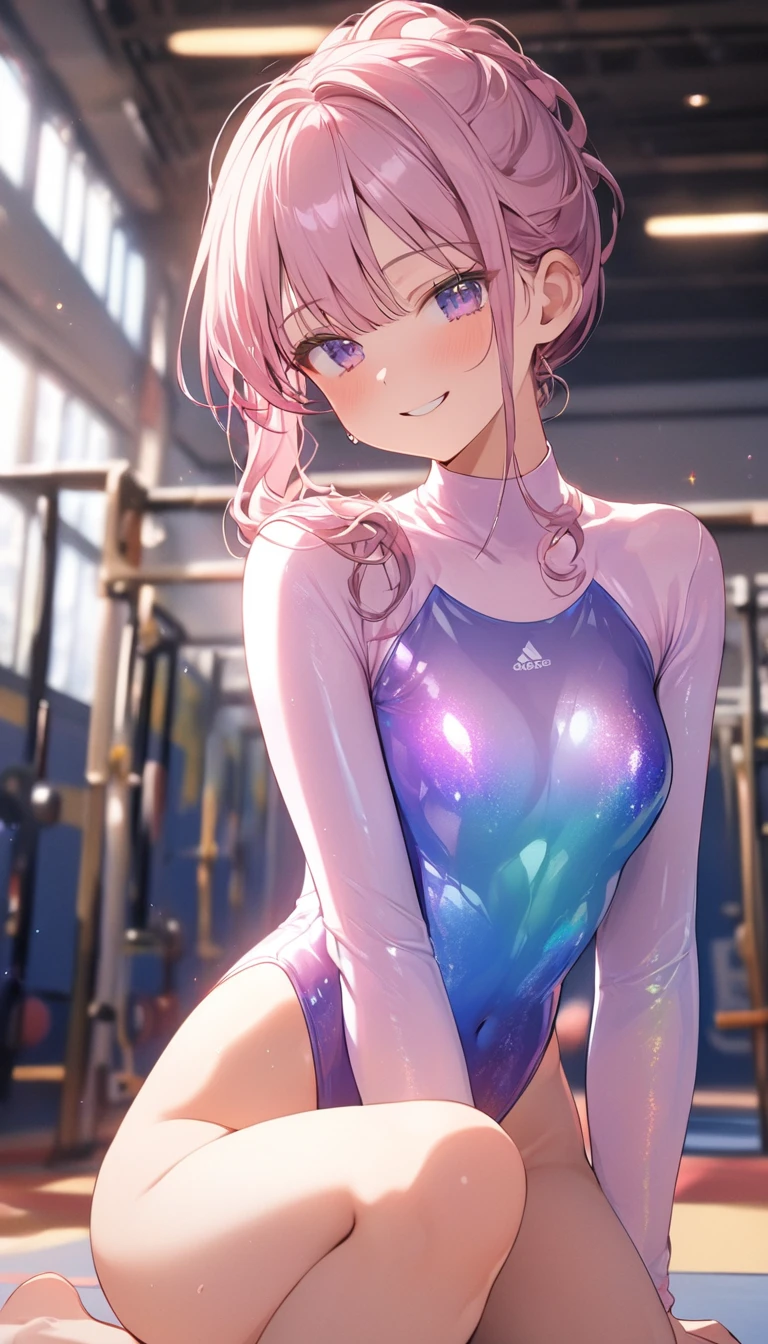 highquality illustration, masterpiece, very delicate and beautiful, attractive girl,(gymnastics leotard, Floral patterns leotard,long sleeve leotard with glittery decoration,high_leg leotard,athletic leotard,tight-fit leotard,iridescent gradient leotard,long-sleeve leotard),thin,slender body,slim,high school,gymnasium background,gymnastics club,gymnastics athlete,princess, beautiful eyes,light smile,(masterpiece, best quality:1.2), highres, extremely detailed CG unity 8k wallpaper, perfect lighting, Colourful, ultra-high res,4K,ultra-detailed, photography, 8K, HDR, 17 ages, full body,