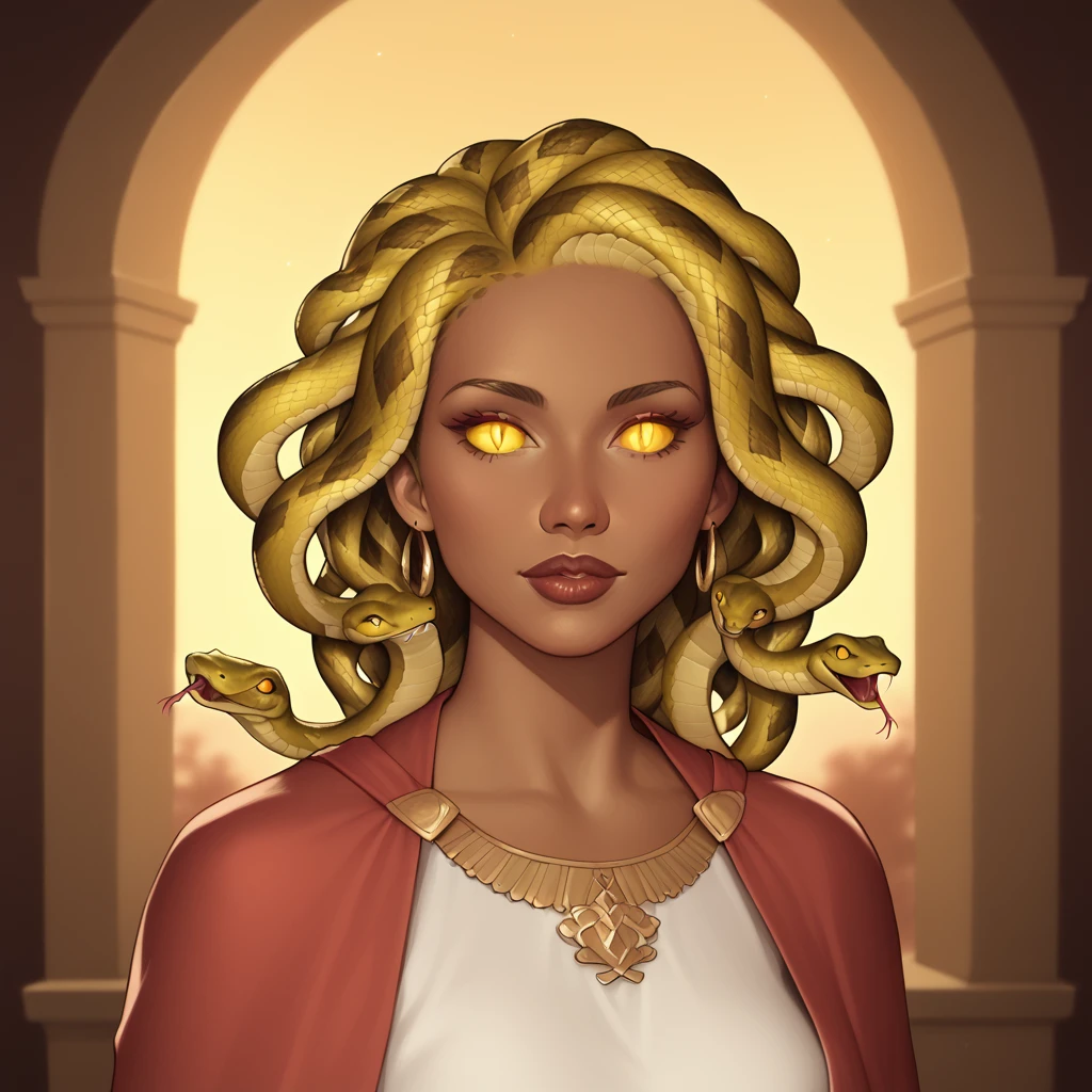 (((beautiful, high quality, perfect eyes, comics style, semi-realistic, detailed face))), upper body, score_9, score_8_up, score_7_up, | ((slit pupils, scales)), 1girl, (((sn4k3h41r, snake hair,))), Very ((dark skin, dark-skinned)), full of happiness, looks so happy, big eyes, wide bold lips, dress wizard robes, | (fantasy background, blurred background), digital painting, volumetric lighting, easynegative, JIM EIDOMODE,