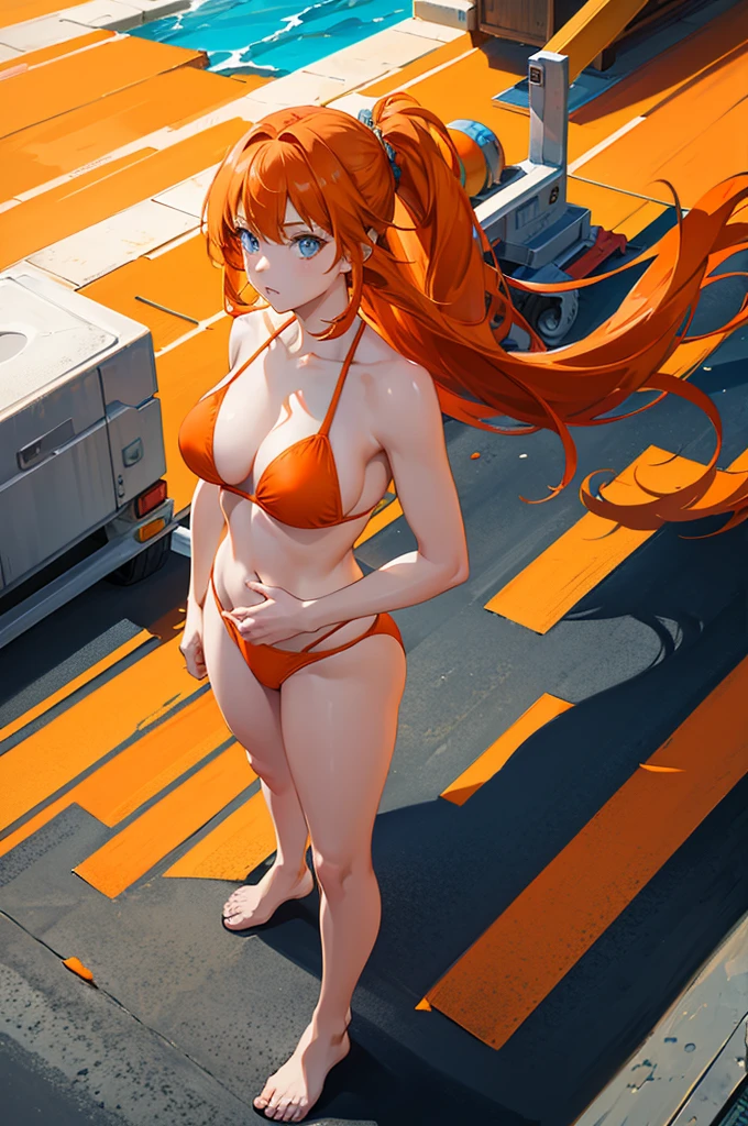 1woman, orange hair, blue eyes, orange bikini, standing on ground, high res, ultra sharp, 8K, masterpiece
