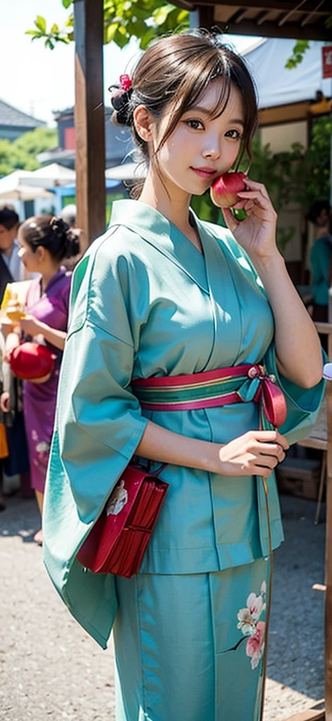 A woman wearing a green yukata at a summer festival。Holding an apple candy in your hand。