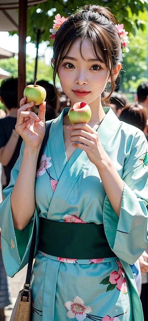 A woman wearing a green yukata at a summer festival。Holding an apple candy in your hand。