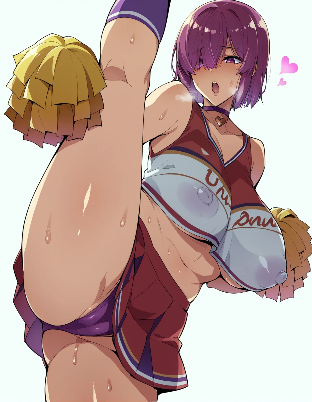 Alluring expression、Cheerleader、Ultra-detailed illustrations、Ultra-precise expression、masterpiece、Highest quality、ultra High resolution、High resolution、Hiromitsu Takeda Style、White background、Simple Background、One girl、solo、Mash Kyrielight、light purple hair、short hair、hair over one eyes、Purple eyes、Open your mouth、Large Breasts、Big Breasts、Erect nipples、Choker of Hearts、White Breath、Sweat、Glowing Skin、shiny skin、Front angle、View your viewers、stand、Raise one leg、