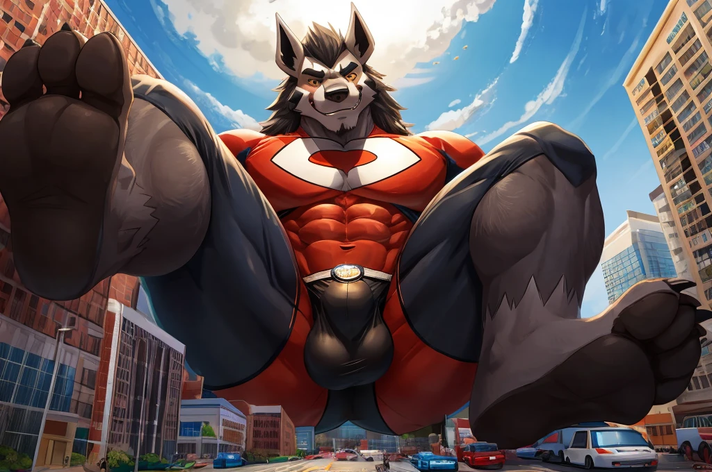 Giant Anthropomorphic Mightyena Pokemon Man, Yellow Eyes, Muscular, Looming over the viewer, Tired, Handsome, Charming, View from below, Daddy, Bara, Horny, Flirty, Older Brother, Four toed feet, cock and balls, teasy, teasing the viewer, Macro, Bully, Jock, flirting with tiny viewer, Superhero Costume, Black underwear