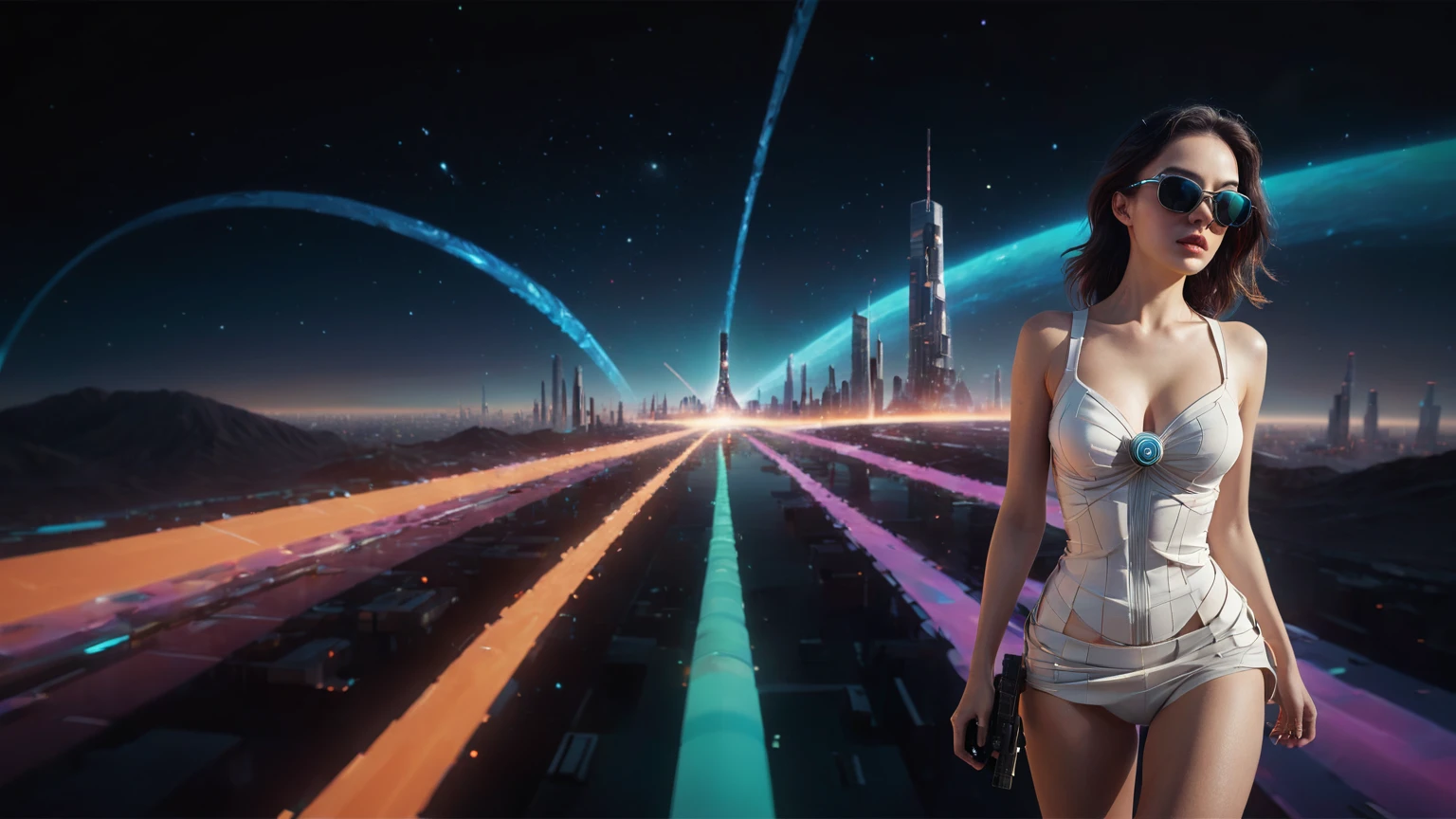 aerial view. brightly colored abstract image of a space station with a spiral, epic beautiful space scifi, chaotic cinematic space rift, greg beeple, planets colliding, beeple and tim hildebrandt, beeple and jean giraud, end of the universe, galaxy space sci-fi, ringworld, by Mike "Beeple" Winkelmann. Matrix style, (((((Matrix cascading code))))), (((((a futuristic twin tower skyscraper with a unique twisted design))))), (((((OLED GUI interfaces in the building))))), at night, (((((1girl, solo))))), photo realistic, (((large-breast:1.2 slim body, cleavage))), (((off broken mini sling-shirt and black sling bra, extreamly short pleated miniskirt exposing panty))), (((((running pose))))), (((((matrix style black sunglasses))))), ((((((((((aiming with a short gun)))))))))), (((((looking at camera))))), (((very low view))), (((((half-body thigh level medium shot))))), (((cinematic lighting))).