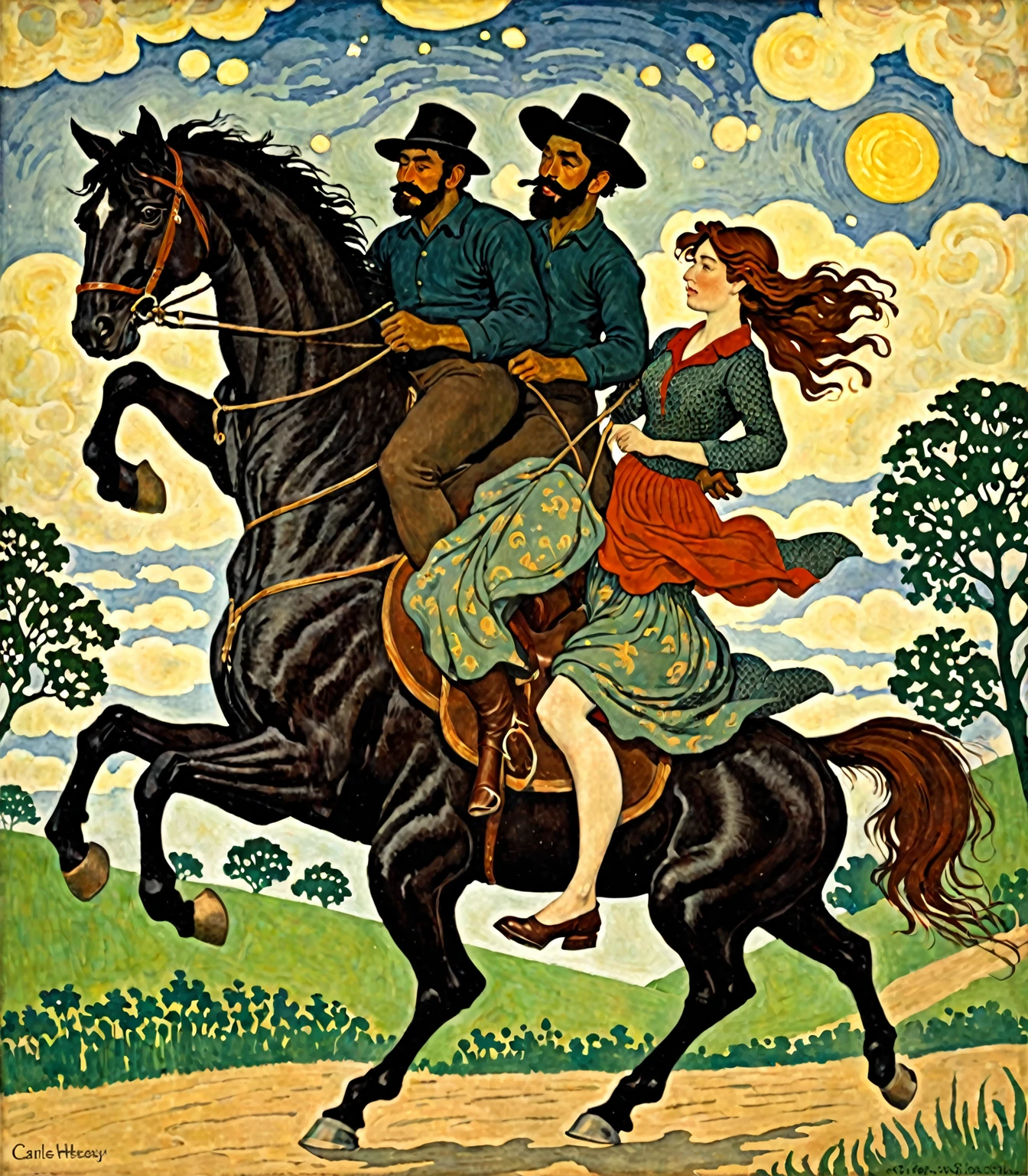 painting of a man riding a horse with a woman on it, by Carle Hessay, folkloric illustration, inspired by Théophile Steinlen, robert colescott painting, Dreams On Horseback