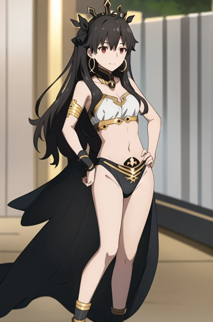 Highest quality, (masterpiece:1.2), detailed, Blurred Background,
Ishtar,
One Girl, alone, Open your mouth, A light smile,
Black Hair, Red eyes, Both sides up, Black Ribbon, Crown, Hoop Earrings,
White bikini top, black bikini bottom, Gold frame, - Elbow hand pockets, Knee socks, Asymmetrical legwear,
Are standing, Hands on hips, Looking at the audience,
Outdoor, desert