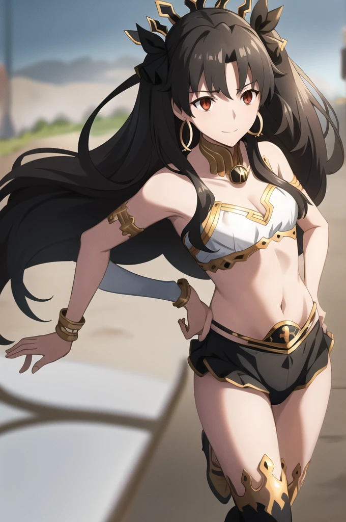 Highest quality, (masterpiece:1.2), detailed, Blurred Background,
Ishtar,
One Girl, alone, Open your mouth, A light smile,
Black Hair, Red eyes, Both sides up, Black Ribbon, Crown, Hoop Earrings,
White bikini top, black bikini bottom, Gold frame, - Elbow hand pockets, Knee socks, Asymmetrical legwear,
Are standing, Hands on hips, Looking at the audience,
Outdoor, desert