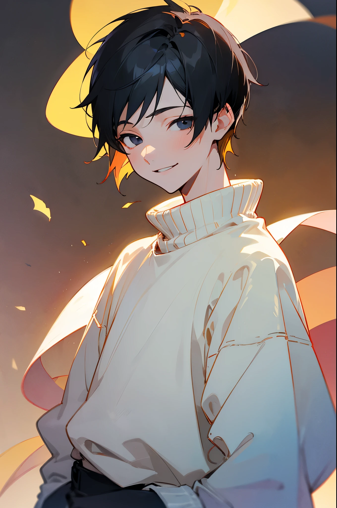 a Boy, eighteen years old, beautiful, light watercolor, black hair, very short hair, (smiling0.7), black eyes, droopy eyes, very thin eyebrows, wide-eyed, fair skin, skinny, sweater, long sleeves, boyish, upper body,