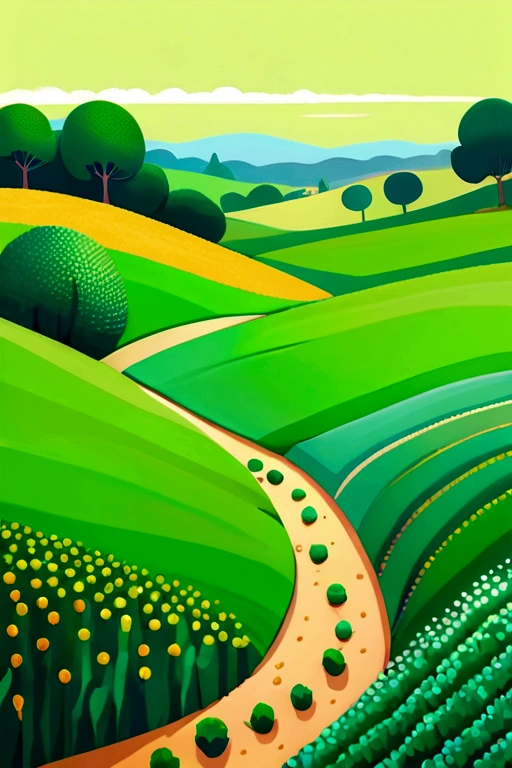 Green rolling fields, spring, flat illustration, sim ple minimal, cottagecore, pointillism oil paintin g, in the style of Georges Seurat