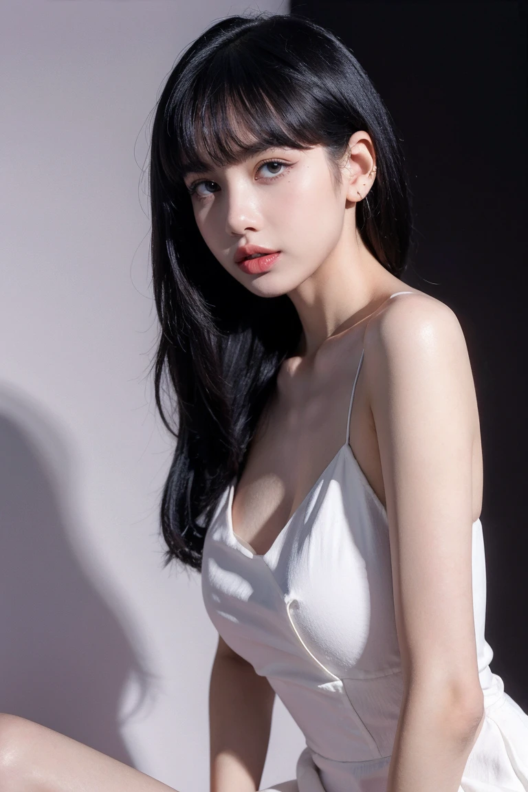 21yo girl, white dress, black background