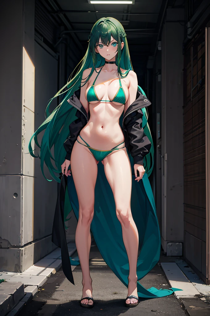 1woman, dark green hair, long hair, blue eyes, bikini, standing on ground, high res, ultra sharp, 8K, masterpiece