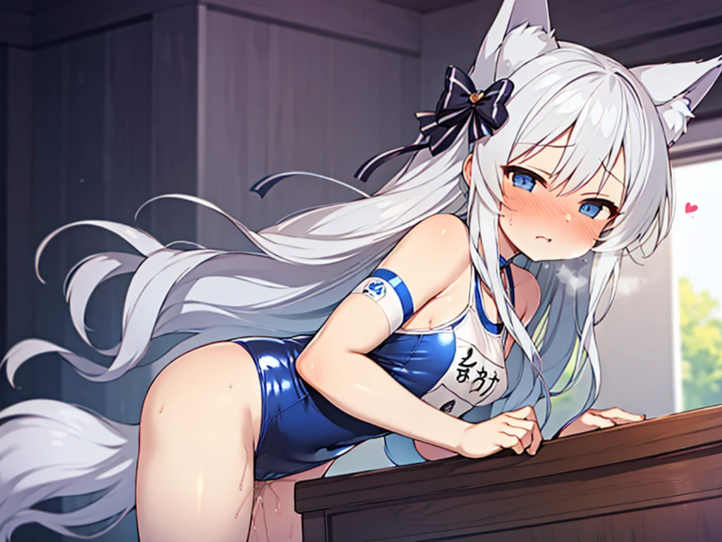 (Highest quality), (High resolution), (masterpiece), (Very detailed), Wolf Ear, Silver Hair, Long Hair, Bright Blue Eyes, One Girl, Silky skin, Shiny skin, Athletic build, blush, Heavy breathing, chest, Fully dressed in school swimsuit, Front view, Perfect composition, (Bright saturation), Rubbing your crotch against the corner of a desk, Standing on tiptoes, Recurve your hips, Dripping love juice, Heart Pupil, Expression of pleasure, Trembling with sexual climax, Heavy breathing