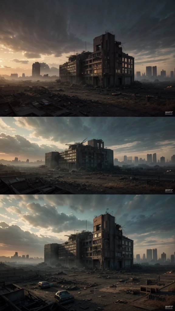 detailed postapocalyptic city,destroyed buildings,urban ruins,abandoned city,desolate landscape,dystopian environment,crumbling infrastructure,overgrown vegetation,dramatic lighting,cinematic composition,gritty atmosphere,muted color palette,moody lighting,weathered textures,post-apocalyptic aesthetic,(best quality,4k,8k,highres,masterpiece:1.2),ultra-detailed,(realistic,photorealistic,photo-realistic:1.37)