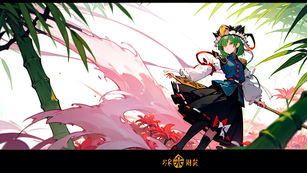 a pink haired woman is standing on a branch Holding a gold key, One girl, bamboo, alone, shiki eiki, rod of remorse, Have, skirt, Knee socks, Green Hair, Black footwear, Frills, Long sleeve, View your viewers, white Knee socks, ribbon, white ribbon, Green Eyes, shirt, black skirt, Best, white shirt, shoes, Holding,Red spider lily, frilled Have, chest