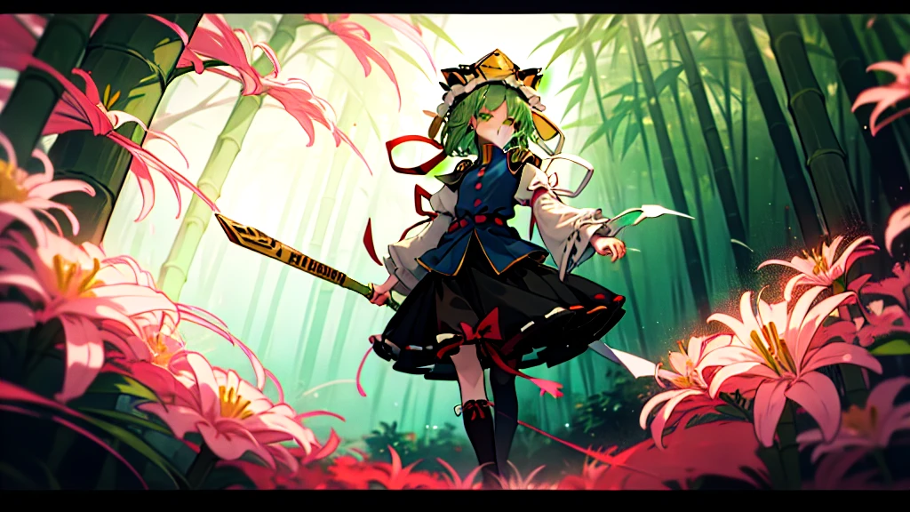 a pink haired woman is standing on a branch Holding a gold key, One girl, bamboo, alone, shiki eiki, rod of remorse, Have, skirt, Knee socks, Green Hair, Black footwear, Frills, Long sleeve, View your viewers, white Knee socks, ribbon, white ribbon, Green Eyes, shirt, black skirt, Best, white shirt, shoes, Holding,Red spider lily, frilled Have, chest