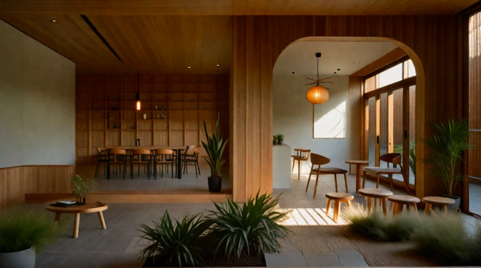 A Muji style living room featuring a reception bar area with high stools. The space has a neutral color palette of whites, beiges, and natural wood tones. It includes a flat ceiling with evenly spaced recessed downlights. The reception bar area has a wooden counter and high stools. The living room features a low-profile sofa, wooden coffee table, wall-mounted shelves, large windows with wooden blinds, potted plants, full of rustic handmade decor, and an accent wall with artistic tile or stone cladding. The design emphasizes functionality and simplicity, with a focus on natural materials and a serene color palette. The layout is open and spacious, promoting a sense of calm and relaxation. The overall look is modern yet warm, with an emphasis on comfort, natural beauty, and handmade elements. ((8k)), high quality detail, minimalist design, neutral color palette, natural materials, clean lines, serene and functional, modern Japanese aesthetic, flat ceiling, recessed downlights, wooden reception bar, high stools, low-profile sofa, wooden coffee table, wall-mounted shelves, large windows, wooden blinds, potted plants, handmade decor, artisanal elements, artistic tile or stone accent wall, natural light, uncluttered, open layout, traditional Japanese wall hangings, paper lanterns.
