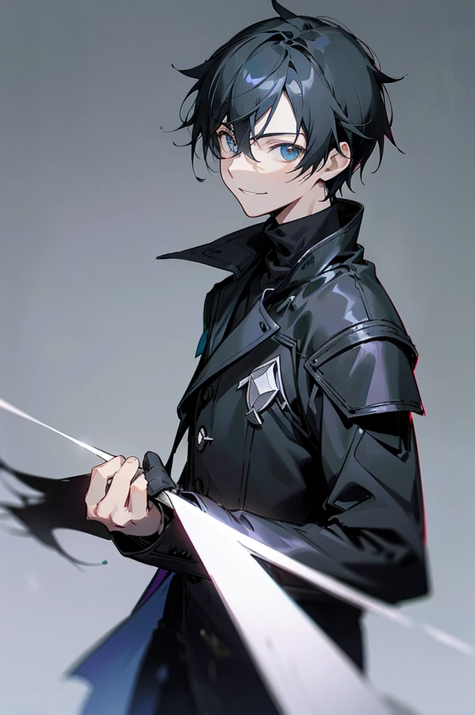 Kirito, anime style cool guy, sword art online, black slim armor, black trench coat, 1boy, looking at viewer, standing, thinking, smiling, upper body, ultra-detailed, Simple background, high quality, high resolution, masterpiece, best quality, (extremely detailed CG unity 8k wallpaper, masterpiece, best quality, ultra-detailed, best shadow), (detailed background), (beautiful detailed face, beautiful detailed eyes), High contrast,