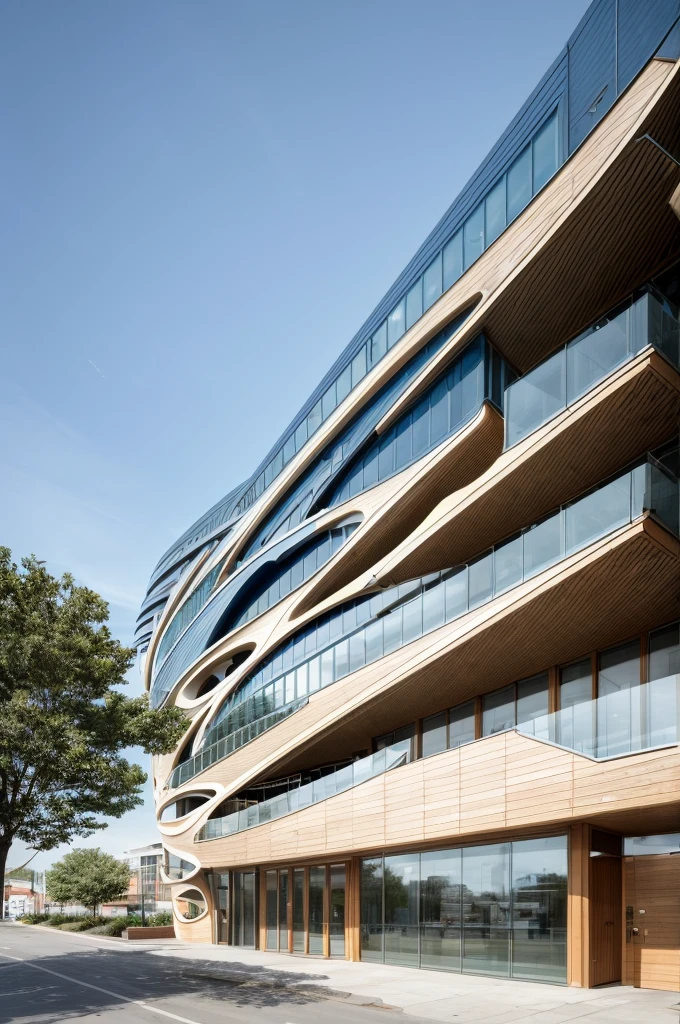 Realistic Photo, office building, night render, provide a highly detailed visual description of the exterior facade, focusing on the flowing, curved wave shapes and how they create a dynamic, sculptural look, Describe the overall massing, scale, and grandeur of the building's design, Discuss how the undulating facade interacts with light and shadow to create a sense of movement, Note any distinctive architectural features like the entrance, canopies, etc. that reinforce the wave design motif, Describe the interior spaces and how they relate to the exterior sculptural form, Use vivid descriptive language to convey a sense of awe and appreciation for the innovative, creative design, Analyze how the building defies conventional design norms yet achieves functionality, Contextualize it as an iconic addition to the cityscape and a new landmark, Discuss the broader significance of the design as pushing boundaries in modern architecture