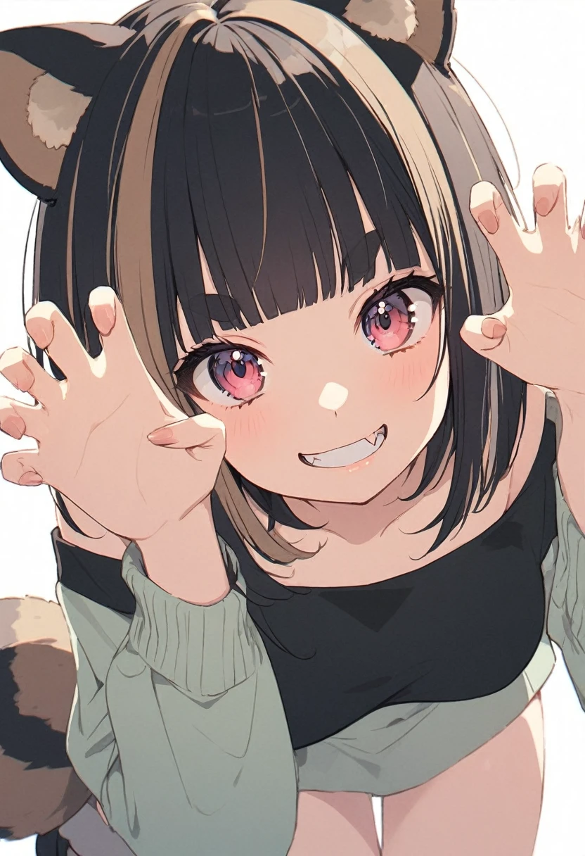 anime,(pale colors:1.8),long shot, 1girl, (on right:1.3), solo, cat mouth, dynamic angle, claw pose, grin, smile, all fours, fang, blue hair, bobcut, straight hair, racoon ears, racoon tail, (brown streaked hair:1.3), (blunt bangs) ,thick eyebrows, big breast, off shoulder clothes, cutout, striped background, shadow,
