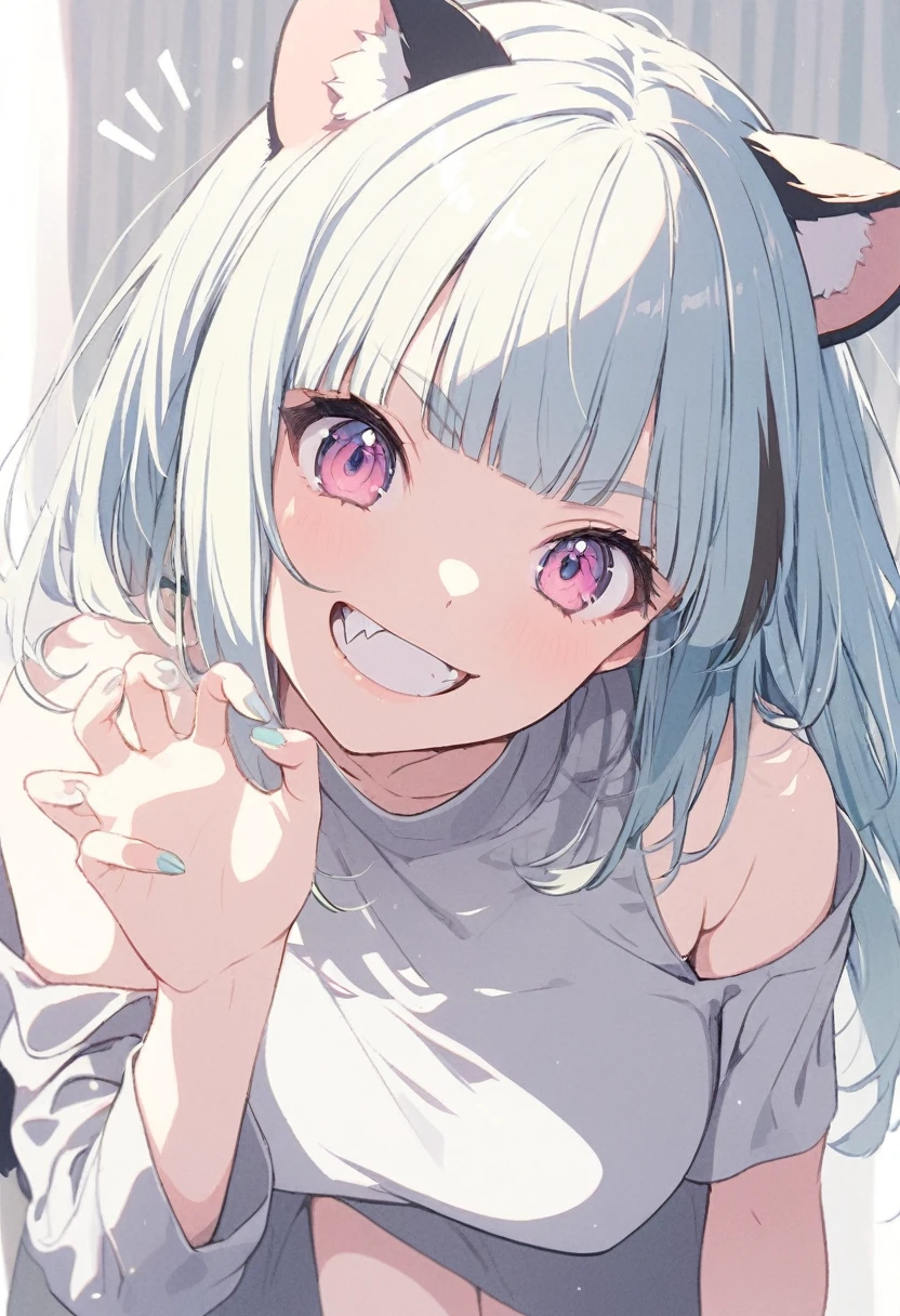 anime,(pale colors:1.8),long shot, 1girl, (on right:1.3), solo, cat mouth, dynamic angle, claw pose, grin, smile, all fours, fang, blue hair, bobcut, straight hair, racoon ears, racoon tail, (brown streaked hair:1.3), (blunt bangs) ,thick eyebrows, big breast, off shoulder clothes, cutout, striped background, shadow,