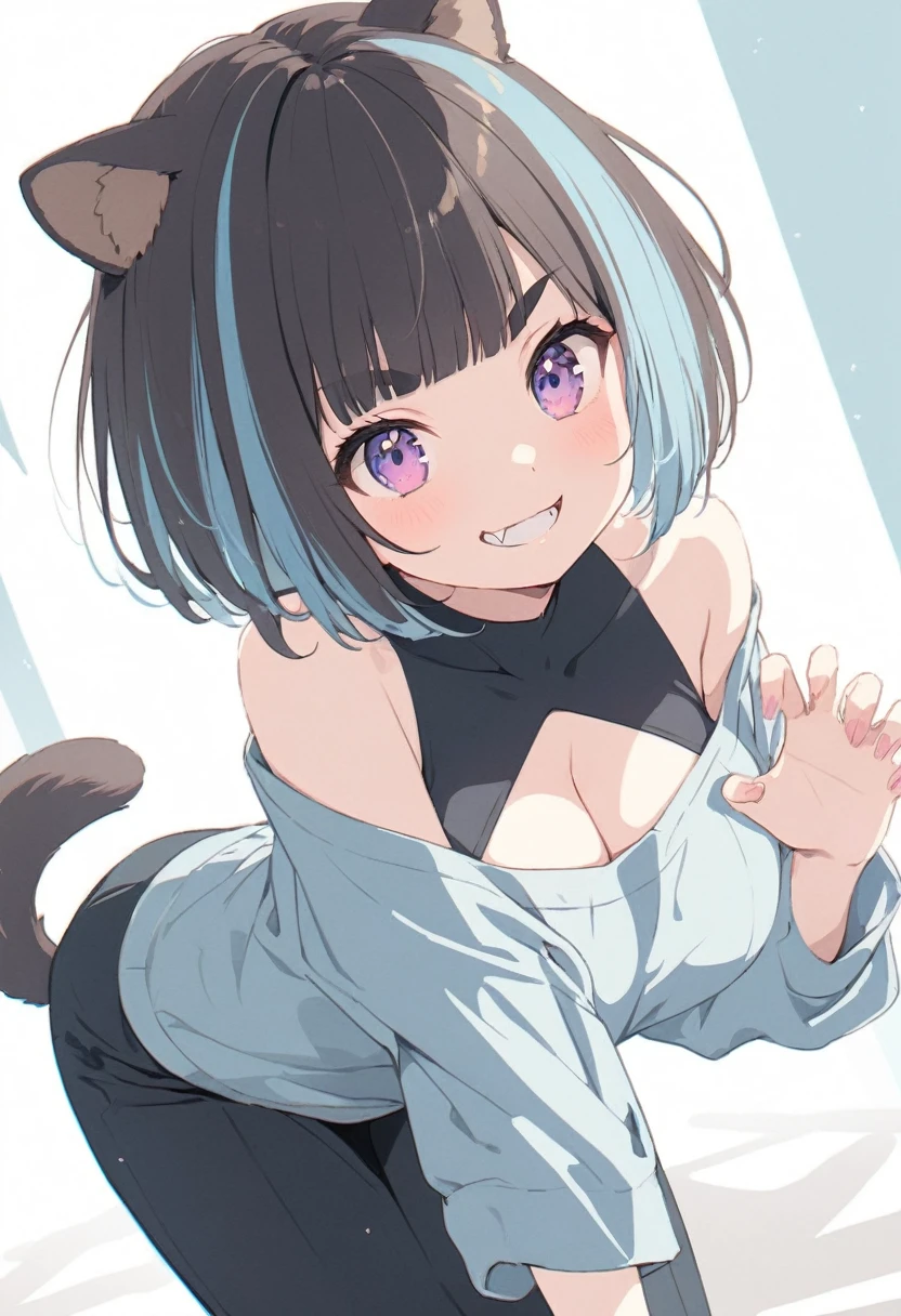 anime,(pale colors:1.8),long shot, 1girl, (on right:1.3), solo, cat mouth, dynamic angle, claw pose, grin, smile, all fours, fang, blue hair, bobcut, straight hair, racoon ears, racoon tail, (brown streaked hair:1.3), (blunt bangs) ,thick eyebrows, big breast, off shoulder clothes, cutout, striped background, shadow,