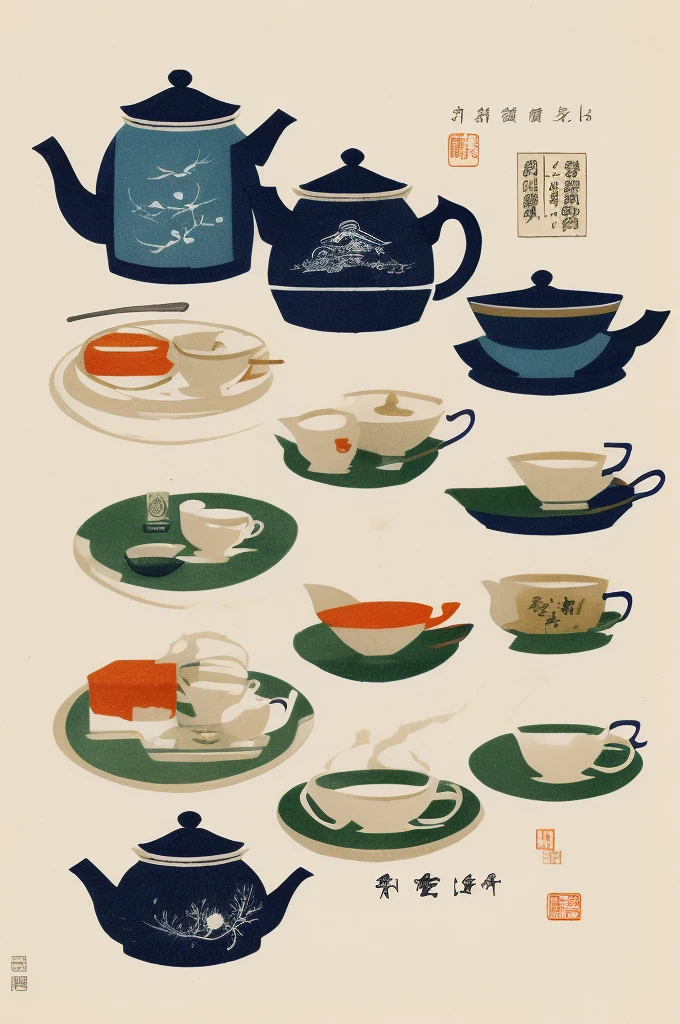 Illustration: Simple, woodblock printing style, meticulous Chinese tea making equipment, teapot, tea cup, tea leaves, kettle, and measuring spoon. No artist's signature, no human being.