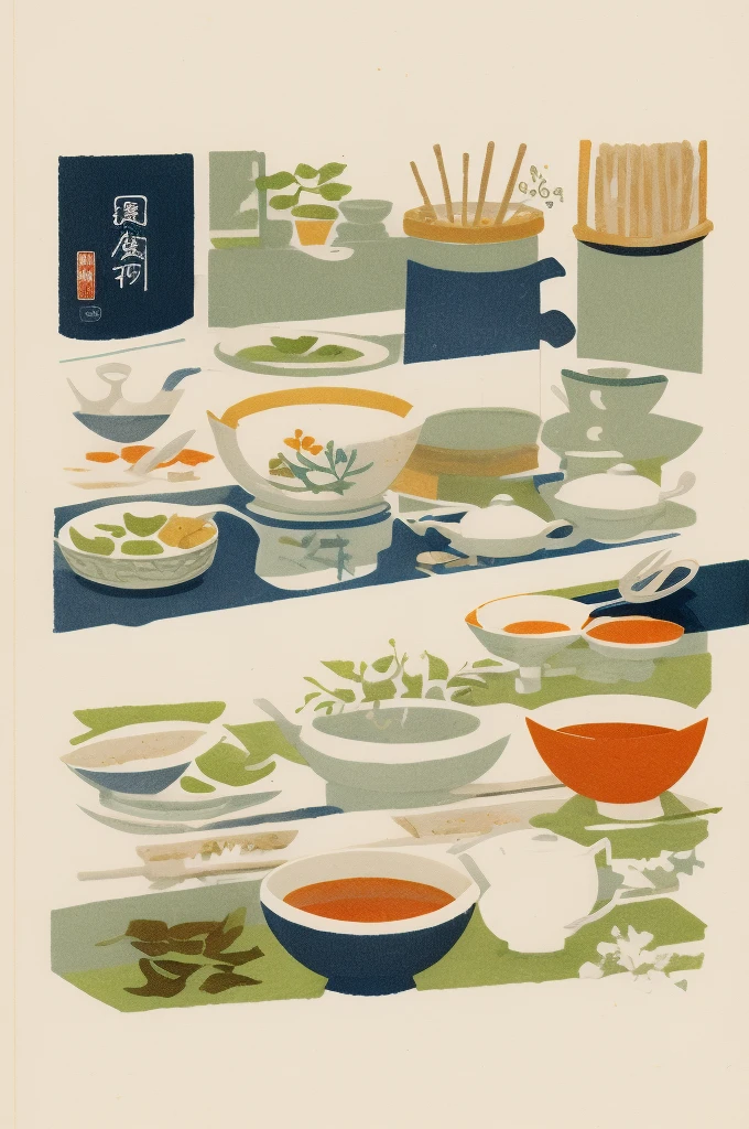 Illustration: Simple, woodblock printing style, meticulous Chinese tea making equipment, teapot, tea cup, tea leaves, kettle, and measuring spoon. No artist's signature, no human being.