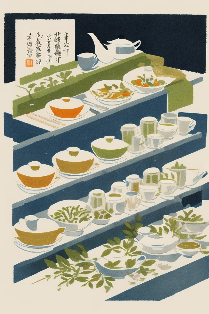 Illustration: Simple, woodblock printing style, meticulous Chinese tea making equipment, teapot, tea cup, tea leaves, kettle, and measuring spoon. No artist's signature, no human being.