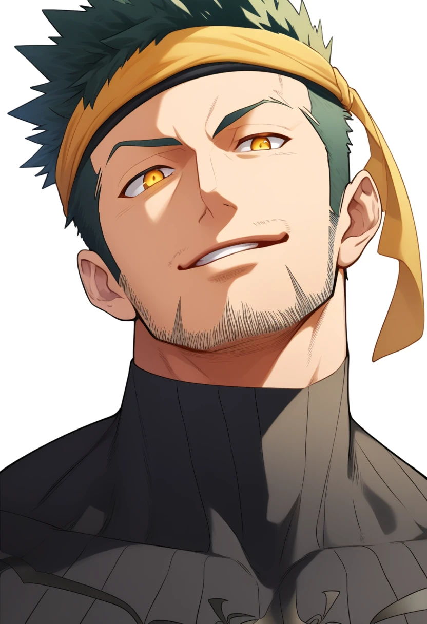 anime characters:Gyee, priapus, ung muscular man, male focus, sports Black headband, Black Spiderman Turtleneck Bodysuit, Spider-Man logo, muscular male, Round, firm and full chest muscles, only, Upper body, alone, Yellow short hair, stubble, Yellow eyes, Wink, White background, simple background, amazing quality, best aesthetics, Ridiculous, bright pupils, crew cut, naughty face, torogao, parted lips, best quality