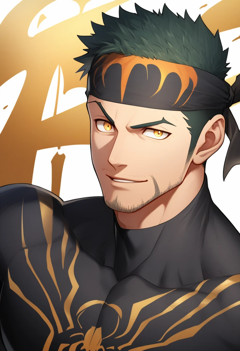 anime characters:Gyee, priapus, 1 young muscular man, male focus, sports Black headband, Black Spiderman Turtleneck Bodysuit, Spider-Man logo, muscular male, Round, firm and full chest muscles, only, Upper body, alone, Yellow short hair, stubble, Yellow eyes, Wink, White background, simple background, amazing quality, best aesthetics, Ridiculous, bright pupils, crew cut, naughty face, torogao, parted lips, best quality