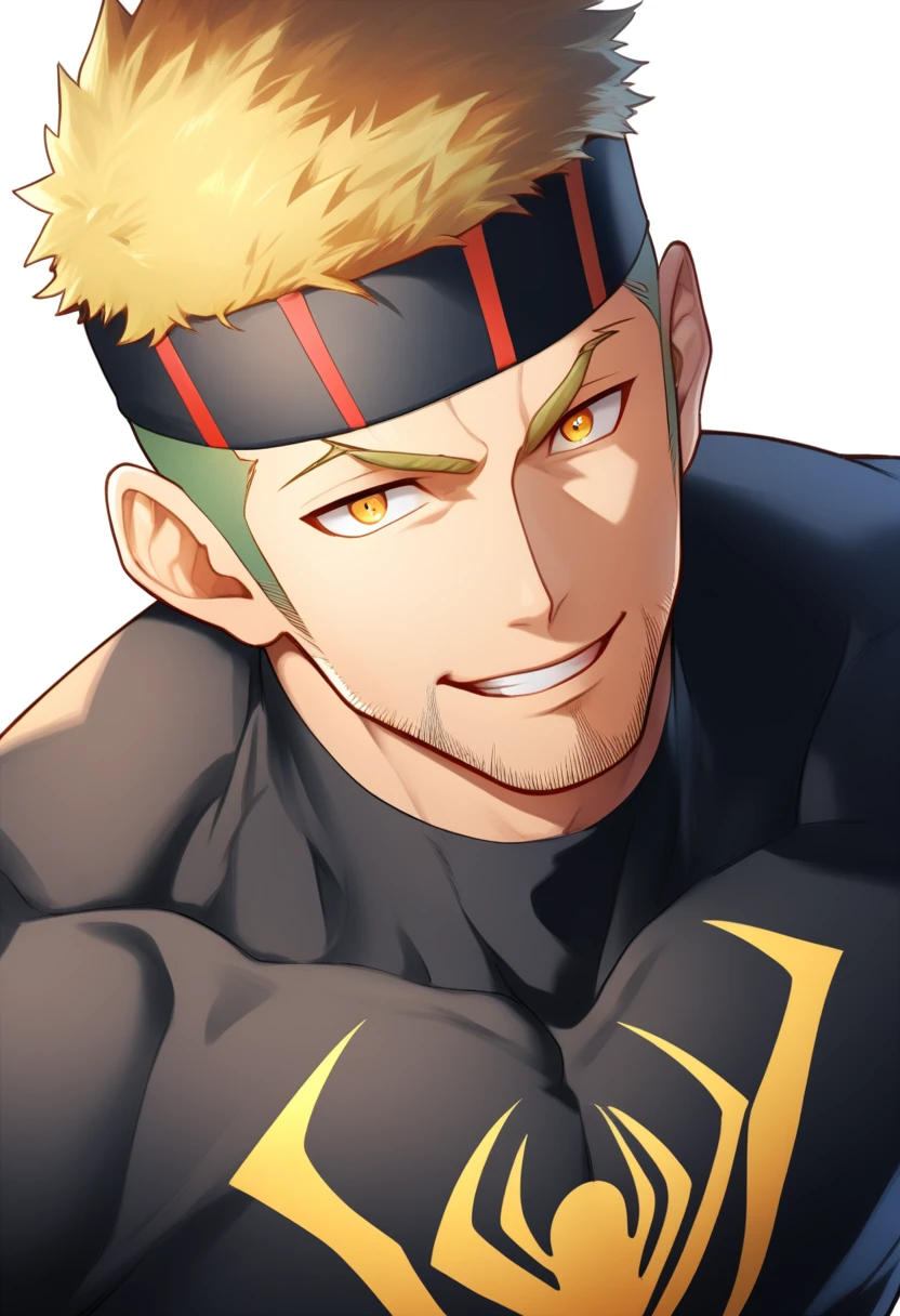 anime characters:Gyee, priapus, 1 young muscular man, male focus, sports Black headband, Black Spiderman Turtleneck Bodysuit, Spider-Man logo, muscular male, Round, firm and full chest muscles, only, Upper body, alone, Yellow short hair, stubble, Yellow eyes, Wink, White background, simple background, amazing quality, best aesthetics, Ridiculous, bright pupils, crew cut, naughty face, torogao, parted lips, best quality