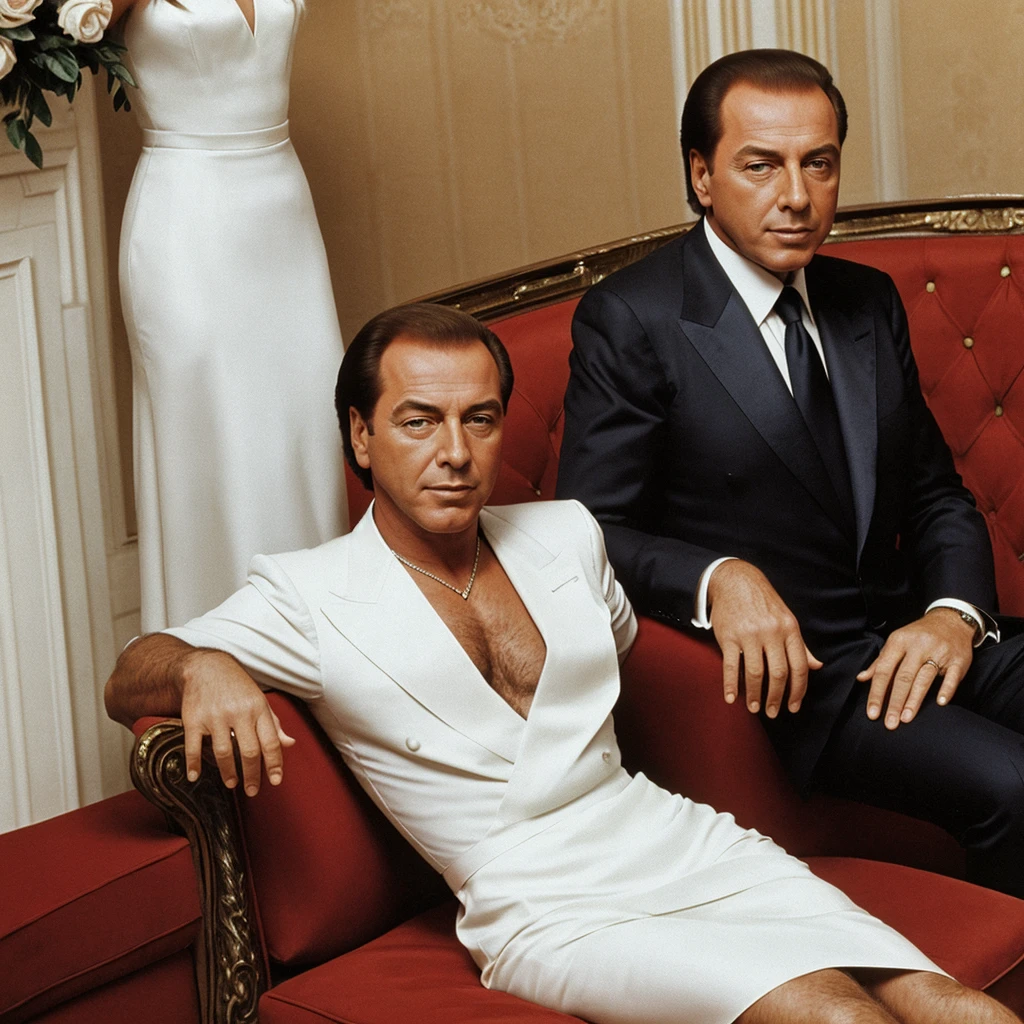 portrait of Silvio Berlusconi in the 70s with an elegant white dress