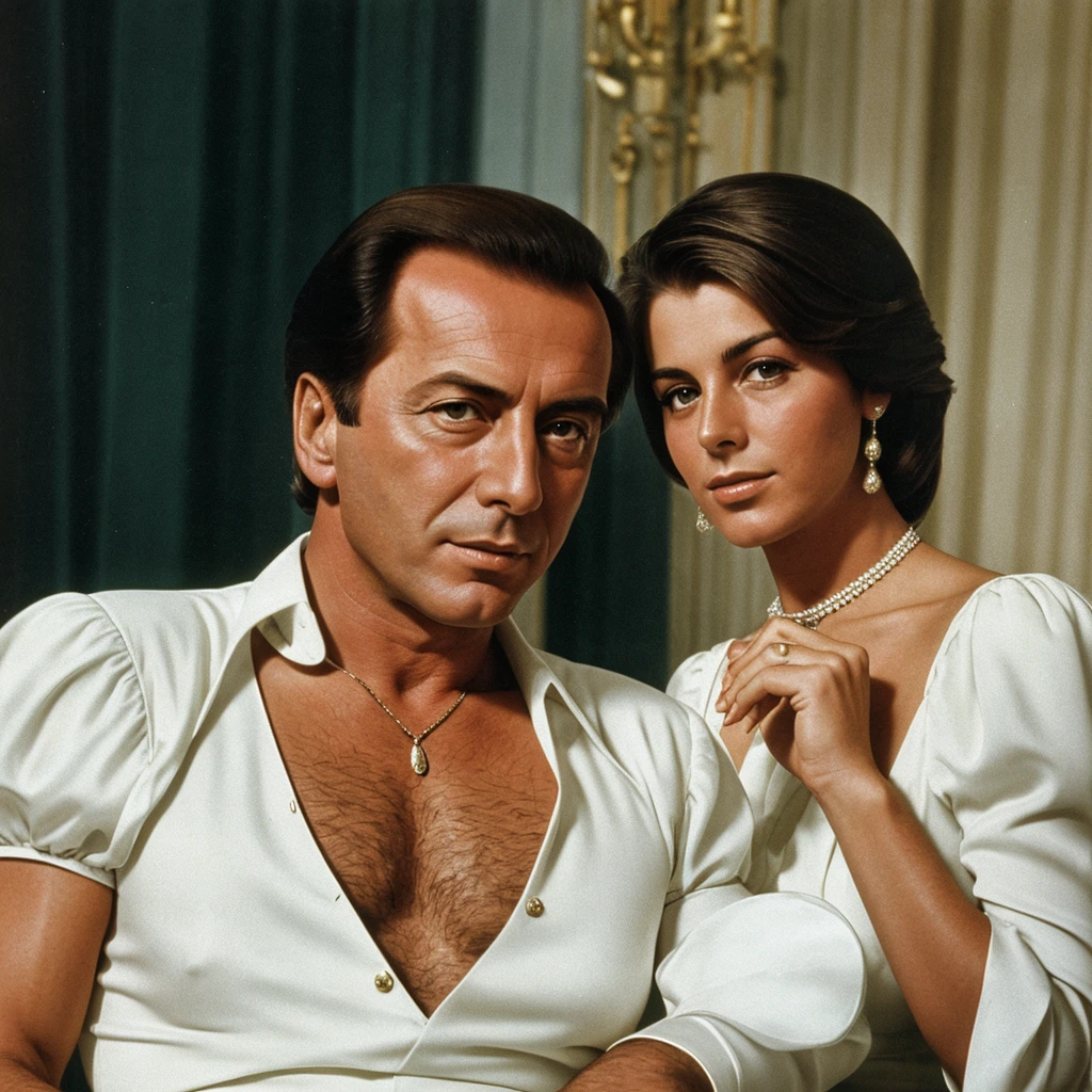 portrait of Silvio Berlusconi in the 70s with an elegant white dress