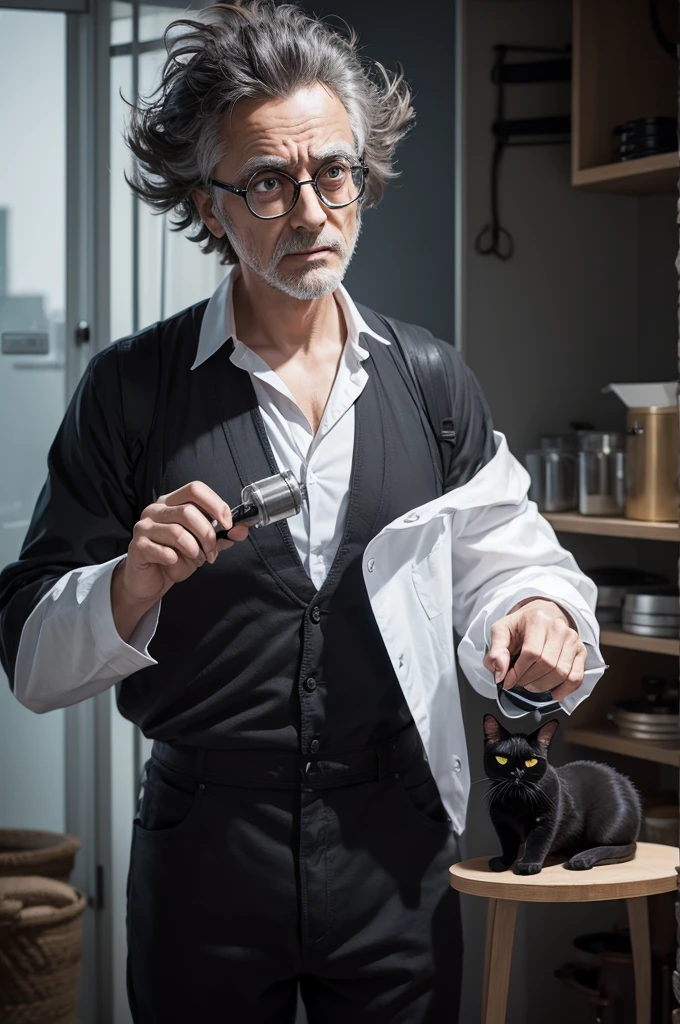 Mad scientist with black cat
