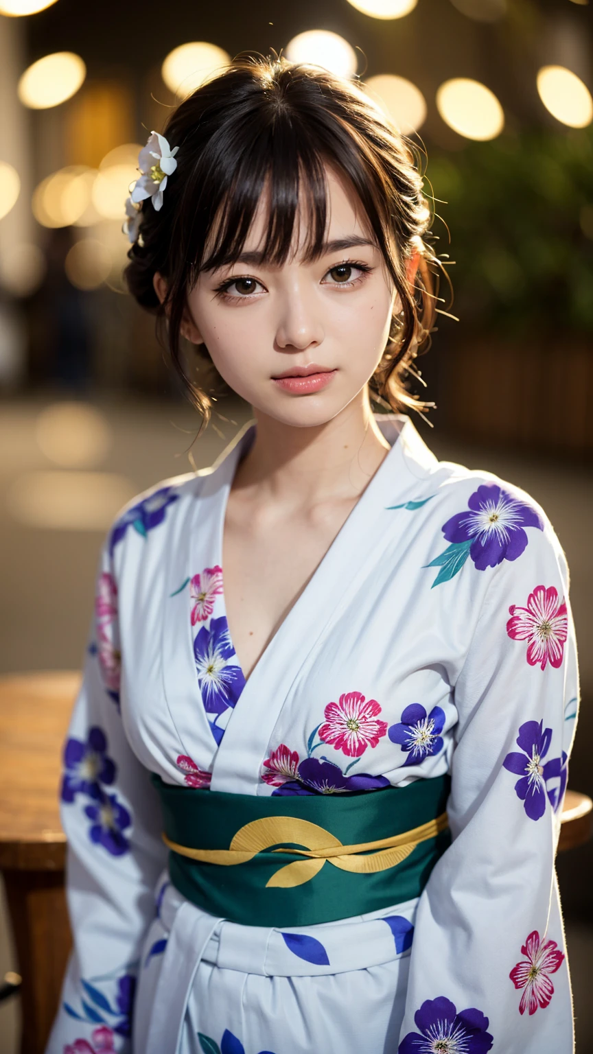 (Tabletop, Highest quality:1.4), Beautiful Face, 8K, 85mm, Absurd, (Floral Yukata:1.4), Upper body, Exposing the breasts、 Violet, Gardenias, Delicate girl, alone, night, View your viewers, Upper Body, Film Grain, chromatic aberration, Sharp focus, Face Light, Professional Lighting, Sophisticated, (smile:0.4), Cleavage, (Simple Background, Bokeh Background:1.2), Detailed aspect