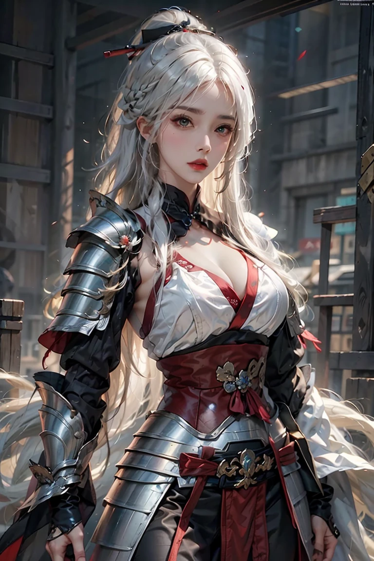 female,masterpiece, realistic, best quality, ultra detailed, cowboy_shot, long hair, white hair, red lips, jewelery, samurai armor, shogun armor