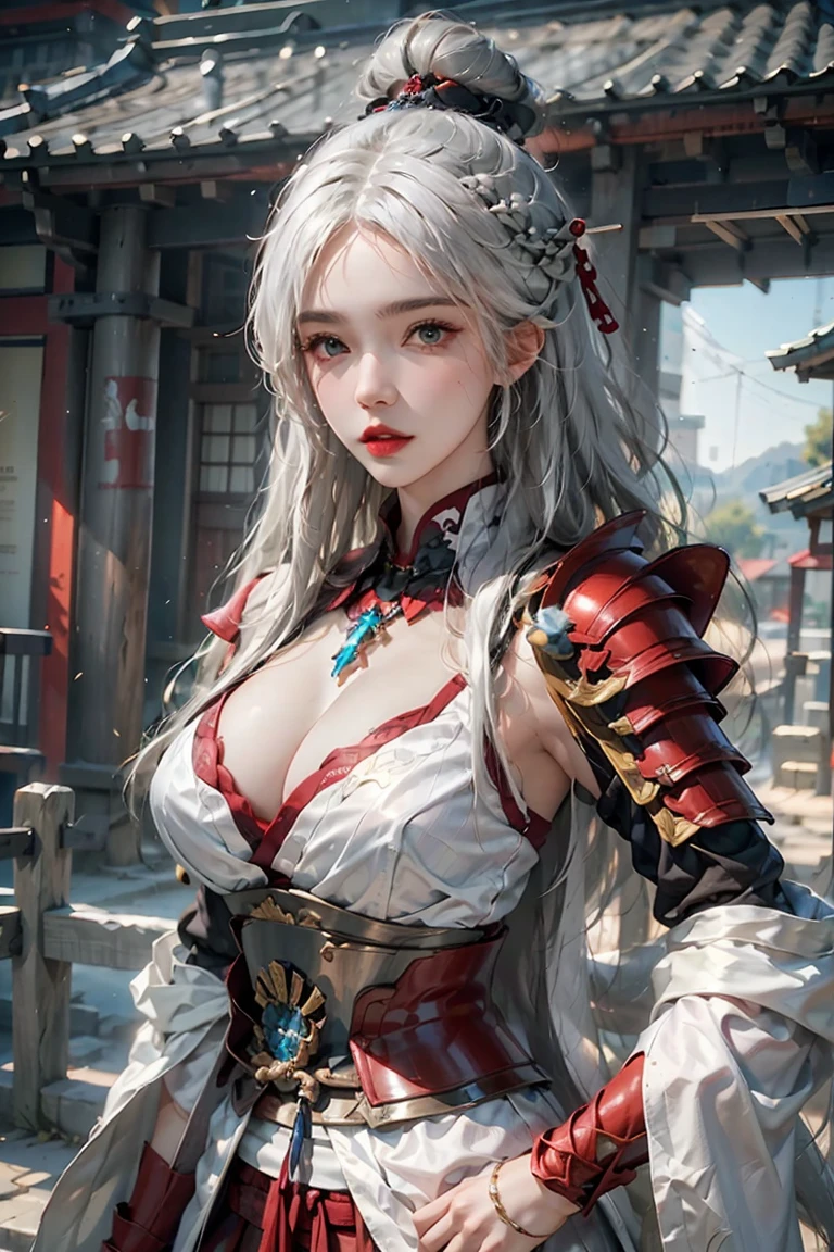 female,masterpiece, realistic, best quality, ultra detailed, cowboy_shot, long hair, white hair, red lips, jewelery, samurai armor, shogun armor