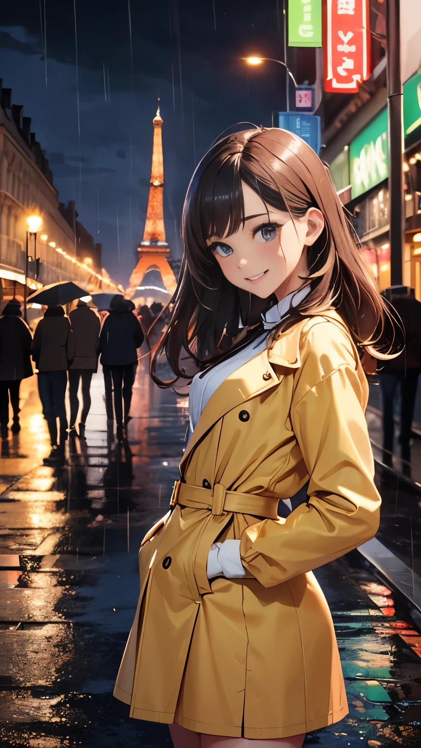 Highest quality, Super quality, 16K, Incredibly absurd, Very detailed, 2.5D, delicate and dynamic, movieのシーン, official, Poster Design, Paris street corner, Rainy night, Chic cityscape, Stone Building, Champs-Élysées, In front of the Eiffel Tower, wet road, puddle, puddleに町明かりが反射, puddleにビルが映る, , , Small face, Extremely delicate facial expression, Delicate eye depiction, Upper body close-up, erotic, sole sexy lady, healthy shaped body, 25 years old lady, Cool woman, 170cm tall, big firm bouncing busts, white shirt, yellow long rain coat, , long skirt, garter belt, long boots, smile, Fun, Wet with rain, With arms outstretched, Dancing in the rain, Opera, movie, dancing in the rain