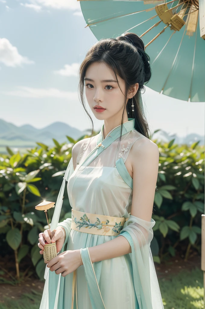 (((best quality))),(((ultra detailed))),(((masterpiece))),illustration,(1 beautiful young girl,solo),((slim,thin)),((small breasts,flat chest,claviclies)),(short ponytail:1.2),Xiaoshu season,tranquility,allure,delicate features,warm sunlight,traditional Chinese outfit,(see through sheer white Hanfu dress:1.3),slender legs,vibrant colors,intricate patterns,elegant cut,youth,innocence,flowing dress,gentle breeze,lush rural landscape,blue sky,fluffy white clouds,lush green grass,rice paddies,abundant harvest,delicate details,traditional Chinese parasol,jar of cold drinks,bamboo basket,butterflies,blooming flowers,serene presence,idyllic rural landscape,tranquility,harmony,special time of the year,((from front,upper body))